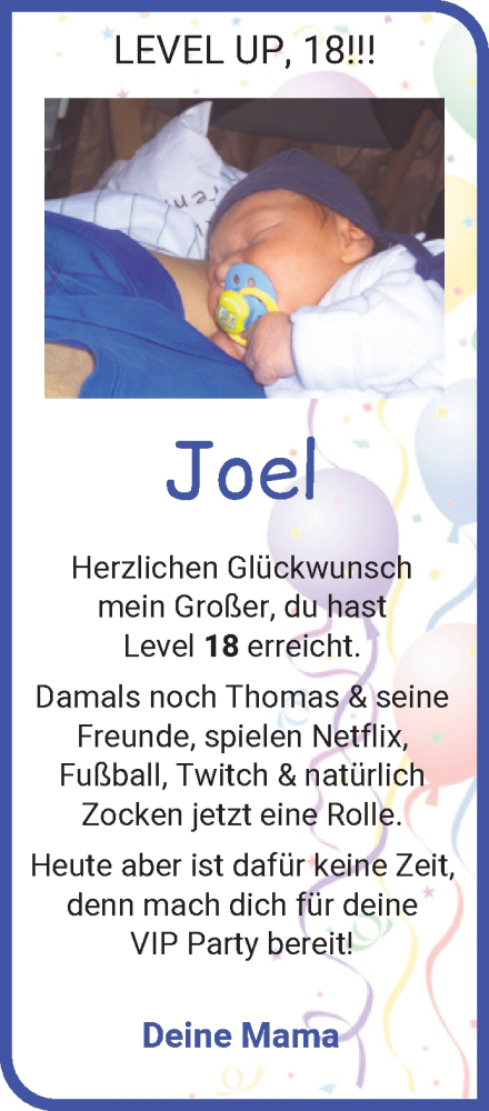 Glückwunschanzeige von Joel  von Die Norddeutsche