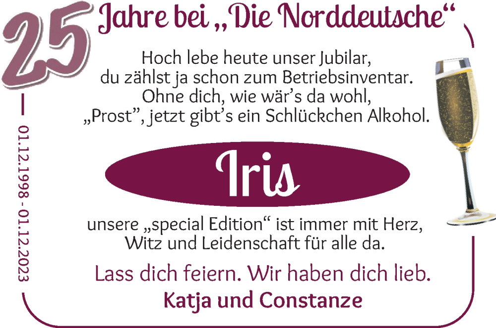 Anzeige für Iris  vom 01.12.2023 aus Die Norddeutsche