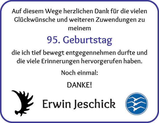 Glückwunschanzeige von Erwin Jeschick von WESER-KURIER