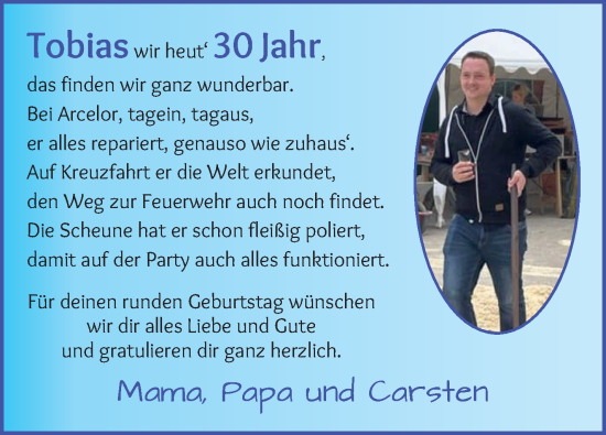 Glückwunschanzeige von Tobias Blendermann von Osterholzer Kreisblatt