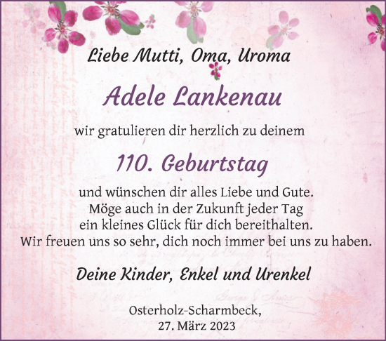 Glückwunschanzeige von Adele Lankenau von Osterholzer Kreisblatt