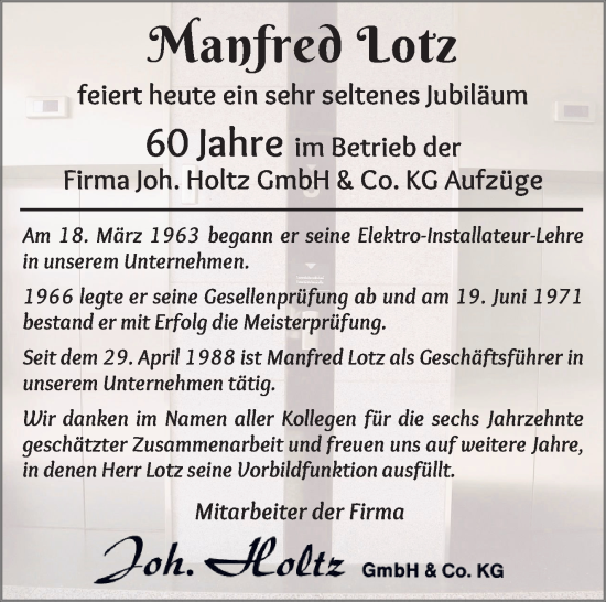 Glückwunschanzeige von Manfred Lotz von WESER-KURIER