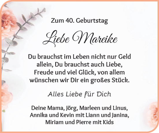 Glückwunschanzeige von Mareike  von Osterholzer Kreisblatt