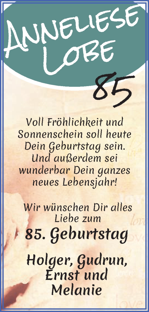 Glückwunschanzeige von Anneliese Lobe von WESER-KURIER