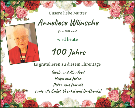 Glückwunschanzeige von Anneliese Wünsche von WESER-KURIER