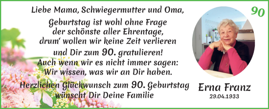 Glückwunschanzeige von Erna Franz von Die Norddeutsche