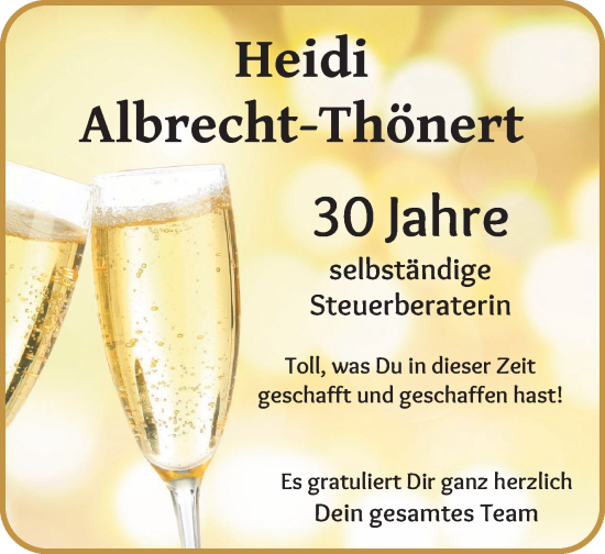 Glückwunschanzeige von Heidi Albrecht-Thönert von Die Norddeutsche