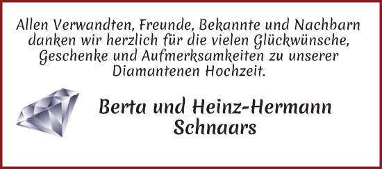 Glückwunschanzeige von Heinz und Berta Schnaars von Wuemme Zeitung