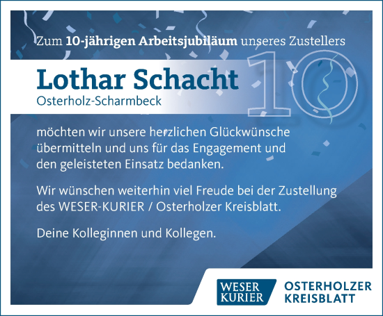 Glückwunschanzeige von Lothar Schacht von Osterholzer Kreisblatt