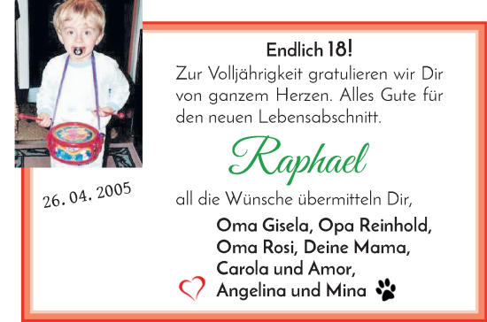 Glückwunschanzeige von Raphael Köller von Die Norddeutsche
