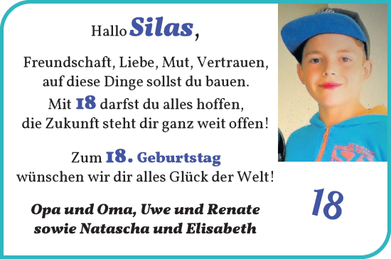 Glückwunschanzeige von Silas Bähr von Wuemme Zeitung