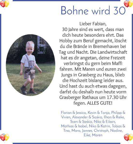 Glückwunschanzeige von Bohne  von Wuemme Zeitung