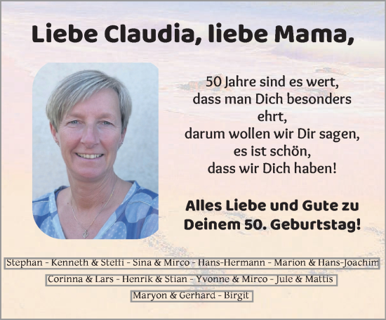 Glückwunschanzeige von Claudia  von Osterholzer Kreisblatt