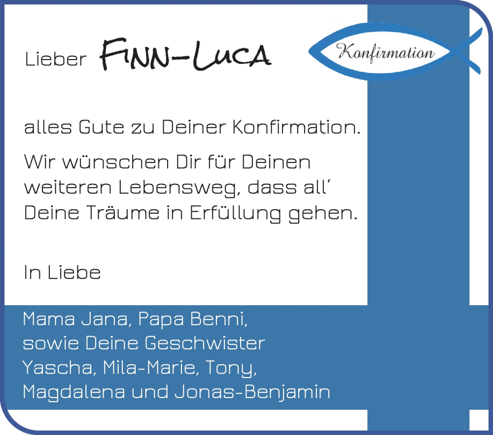 Anzeige für Finn-Luca  vom 15.05.2023 aus Osterholzer Kreisblatt