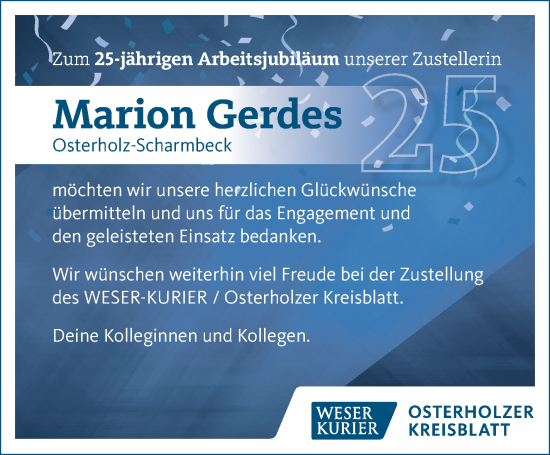Glückwunschanzeige von Marion Gerdes von Osterholzer Kreisblatt