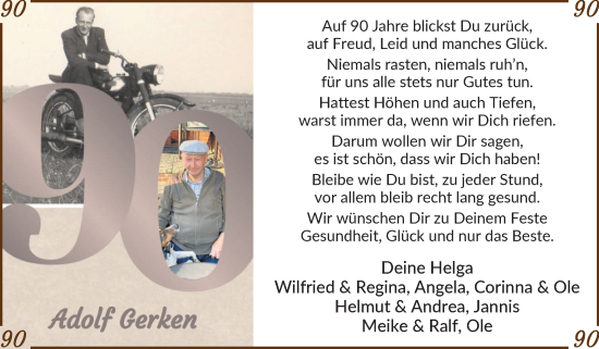 Glückwunschanzeige von Adolf Gerken von Osterholzer Kreisblatt