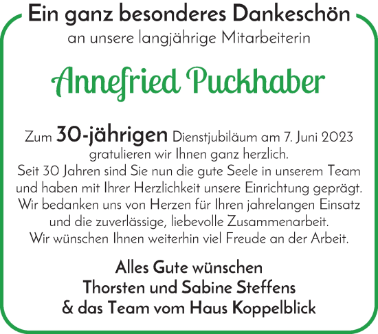 Glückwunschanzeige von Annefried Puckhaber von Wuemme Zeitung