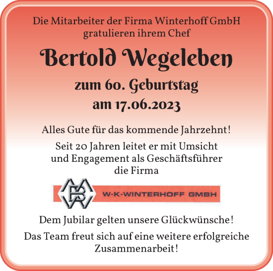Glückwunschanzeige von Berthold Wegeleben von WESER-KURIER