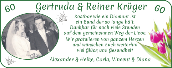 Glückwunschanzeige von Gertruda und Reiner Krüger von WESER-KURIER