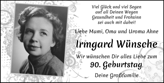 Glückwunschanzeige von Irmgard Wünsche von Wuemme Zeitung