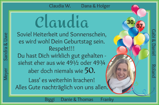 Glückwunschanzeige von Claudia  von Regionale Rundschau/Syker Kurier