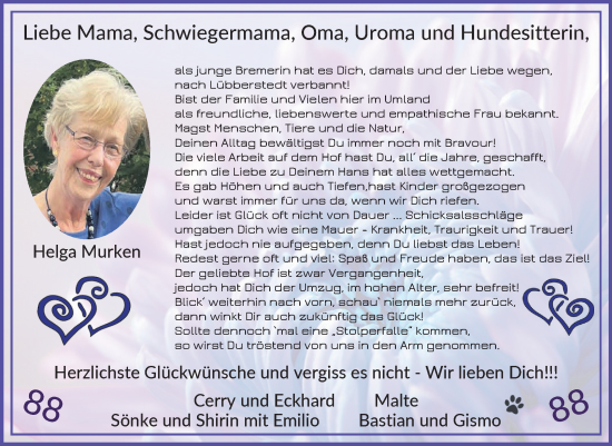 Glückwunschanzeige von Helga Murken von Osterholzer Kreisblatt