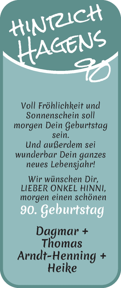 Glückwunschanzeige von Hinrich Hagens von WESER-KURIER