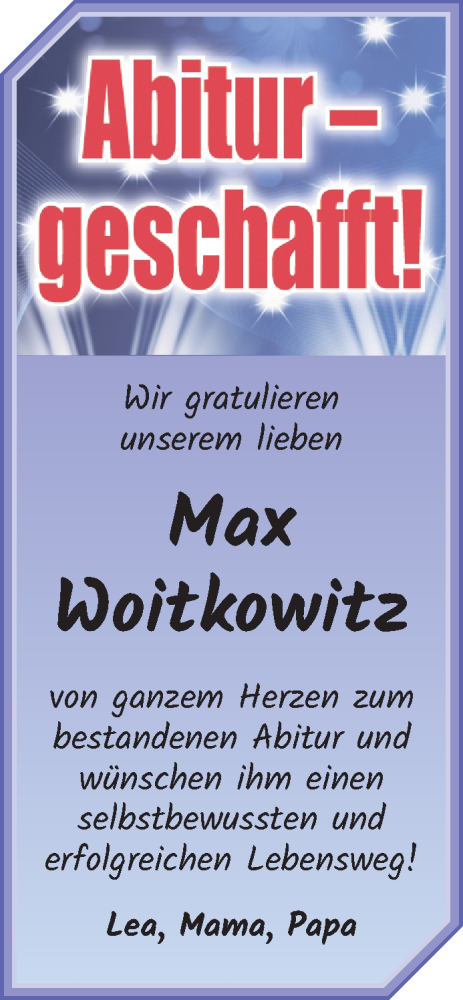 Glückwunschanzeige von Max Woitkowitz von WESER-KURIER