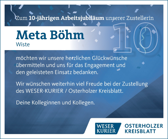 Glückwunschanzeige von Meta Böhm von Osterholzer Kreisblatt