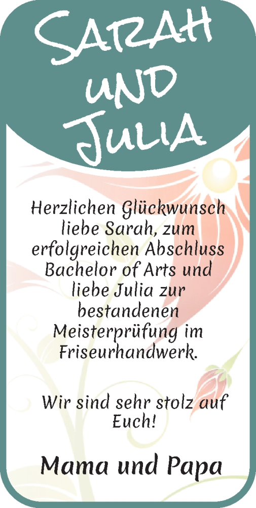 Anzeige für Sarah und Julia  vom 22.07.2023 aus WESER-KURIER