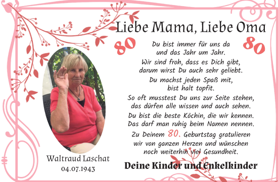 Glückwunschanzeige von Waltraud Laschat von Osterholzer Kreisblatt