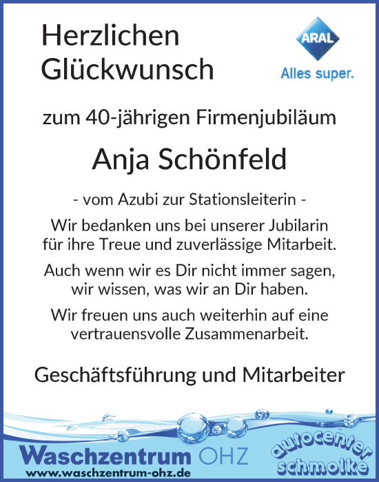 Glückwunschanzeige von Anja Schönfeld von Osterholzer Kreisblatt