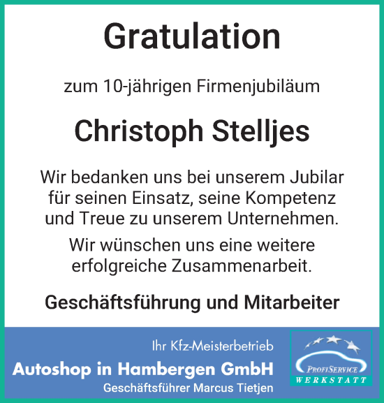 Glückwunschanzeige von Christoph Stelljes von Osterholzer Kreisblatt