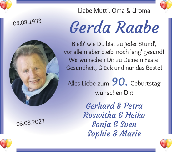 Glückwunschanzeige von Gerda Raabe von Die Norddeutsche