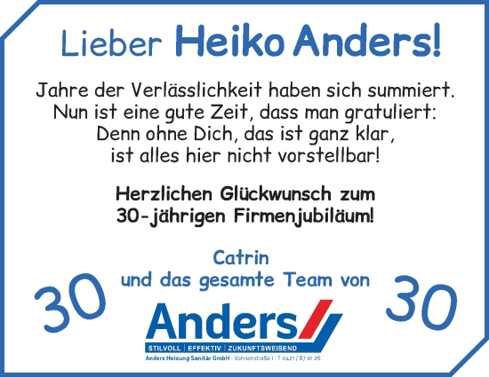 Glückwunschanzeige von Heiko Anders von WESER-KURIER
