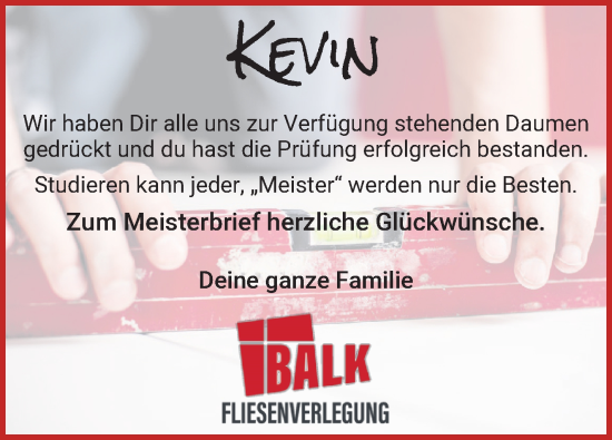 Glückwunschanzeige von Kevin Balk von Osterholzer Kreisblatt
