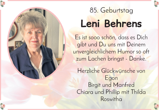 Glückwunschanzeige von Leni Behrens von Wuemme Zeitung