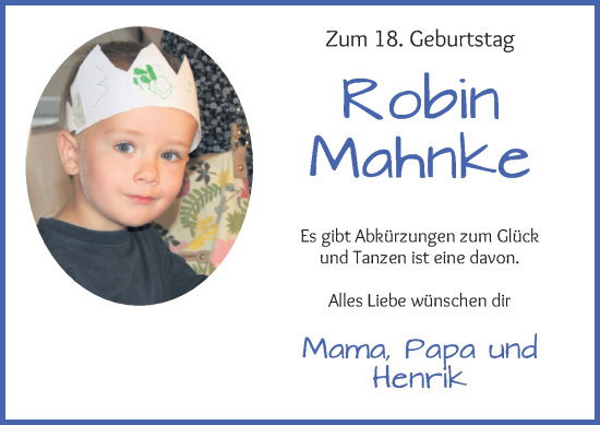 Glückwunschanzeige von Robin Mahnke von WESER-KURIER