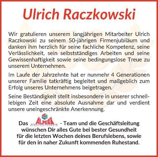 Glückwunschanzeige von Ulrich Raczowski von WESER-KURIER