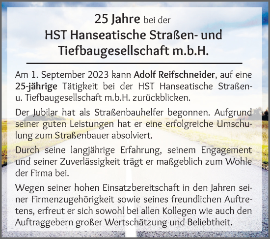 Glückwunschanzeige von Adolf Reifschneider von WESER-KURIER