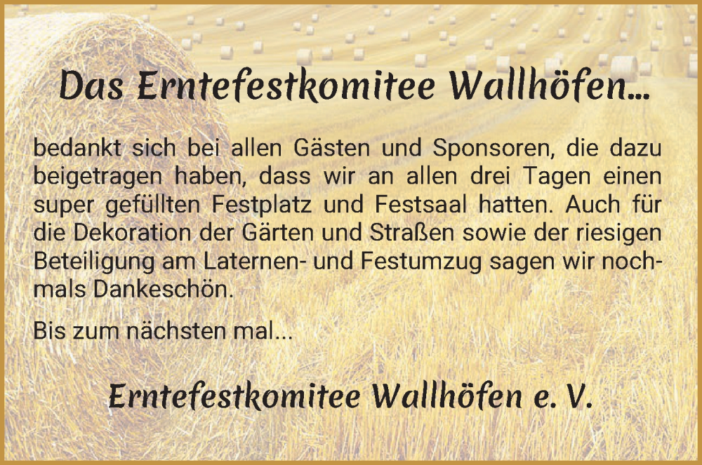 Anzeige für Erntefest Wallhöfen vom 09.09.2023 aus Osterholzer Kreisblatt