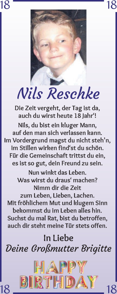 Glückwunschanzeige von Nils Reschke von Osterholzer Kreisblatt