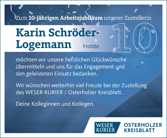 Glückwunschanzeige von Karin Schröder-Logemann von Osterholzer Kreisblatt