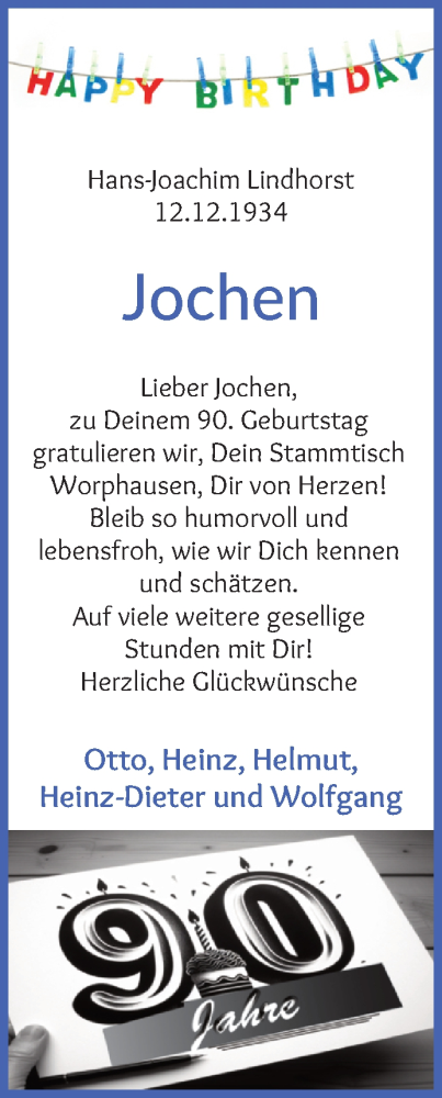 Glückwunschanzeige von Hans-Joachim  Lindhorst von Wuemme Zeitung