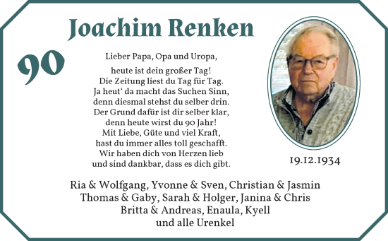 Glückwunschanzeige von Joachim Prenken von Die Norddeutsche