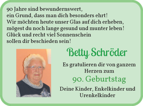 Glückwunschanzeige von Betty Schröder von Wuemme Zeitung