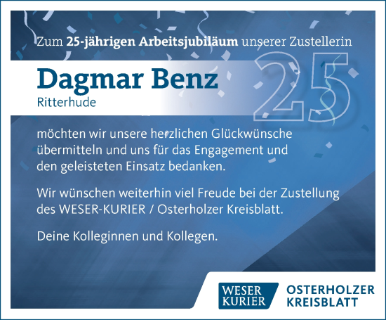 Glückwunschanzeige von Dagmar Benz von Osterholzer Kreisblatt