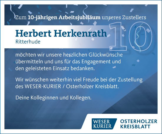 Glückwunschanzeige von Herbert Herkenrath von Osterholzer Kreisblatt