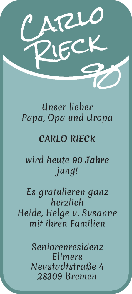 Glückwunschanzeige von Carlo Rieck von WESER-KURIER
