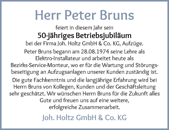 Glückwunschanzeige von Peter Bruns von WESER-KURIER